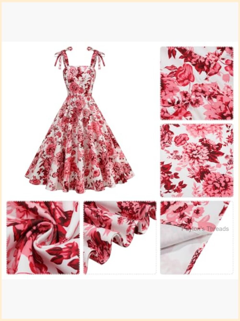 Elegant Rockabilly 1950s Retro Dress Tie Knot Square Neck Midi Swing Cocktail - Picture 4 of 5